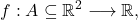 \displaystyle           f:A\subseteq\mathbb{R}^2           \longrightarrow           \mathbb{R},           